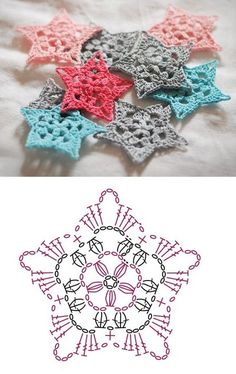 four crocheted snowflakes are shown in different colors