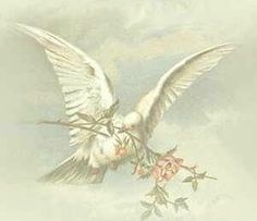 a painting of a white dove with flowers in it's beak and wings outstretched