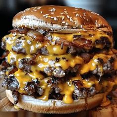 a cheeseburger is stacked on top of each other