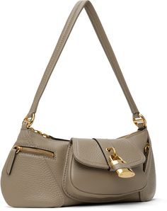 Pebble-grained calfskin shoulder bag in taupe. · Fixed shoulder strap · Logo embossed at face · Padlock hardware at flap pocket · Zip pocket at sides · Zip closure · Patch pocket at interior · Cotton- and linen-blend canvas lining · Logo-engraved gold-tone hardware · H6.5 x W13.5 x D3 Supplier color: Motty grey Gucci Padlock Bag, Chloe Silverado Bag, Gucci Padlock, Chloe Shoulder Bag, Grey Bag, Flap Pocket, Patch Pocket, Linen Blend, Calf Skin