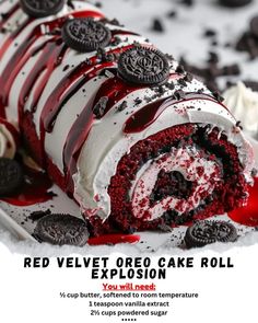 the red velvet oreo cake roll is on display