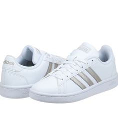 Brand New With Tags Adidas White Sneakers With Silver Stripes. Sporty White Custom Adidas Sneakers, White Adidas Platform Sneakers Lace-up, Adidas Gray Sneakers With Three Stripes, White Adidas Running Shoes With Synthetic Material, White Adidas Sneakers, White Adidas Sneakers With Synthetic Material, Adidas Eqt Gazelle, Mint Sneakers, Black Nmd