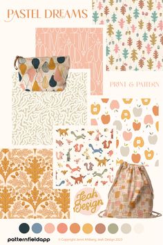 Moodboard of repeat patterns with motifs from nature, like leaves, animals and fruit, as well as, hand-lettered and abstract patterns. The trend colours apricot crush & mellow peach has been used in many of the patterns. Other colours include beige, pale pink, sand, ochre, teal, daisy white, muted blue, sage and golden gobb yellow. 2023 Trending Patterns, Print And Pattern Trends 2023, Fabric Pattern Trend 2023, 2025 Pattern Trends, Design Fabric, Pattern Design Portfolio, Trending Prints 2024, 2023 Textile Trends, Prints 2024 Trend