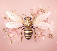 a bee surrounded by flowers on a pink background