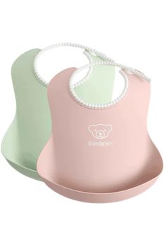 two pink and green bibs with pearls on the handles, one is for babies