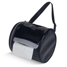 a black and white toilet bag with a roll of toilet paper in the bottom compartment