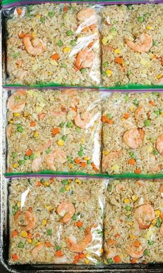 four bags of rice with shrimp, carrots and peas in them on a baking sheet