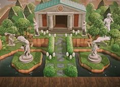 a painting of a garden with statues in it