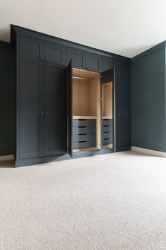 an empty room with blue cabinets and white carpeting on the floor in front of it