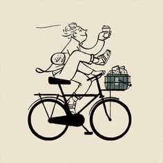 a woman riding on the back of a bike with a basket full of groceries in it