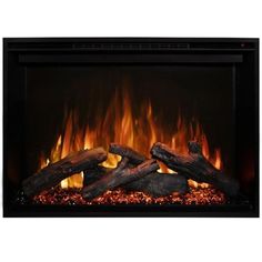 an electric fireplace with flames and logs