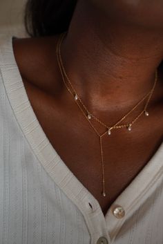 Material: Gold filled  Length: 14" chain with a 1.5" extender and  2" drop with a pearl end Made by hand in Southern California Luxury Dainty Single Strand Necklace, Cheap Gold Teardrop Drop Necklace, Aesthetic Ring, Ring Aesthetic, Pearl Lariat Necklace, Rings Aesthetic, Pearl Lariat, Pearl Charms, Bijoux Diy