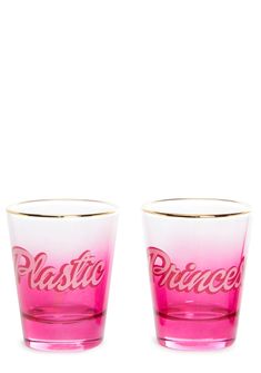 two pink and white shot glasses with the words plastic prince written on each one side