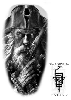 an old man with a beard holding a pipe and wearing a pirate hat is depicted in this black and white tattoo design