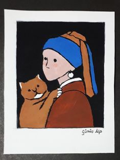 a painting of a girl holding a cat in her arms with the caption'gimmes up '