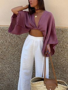 Solid Bohemian V-neck Blouse, Summer V-neck Crop Top For Brunch, Summer V-neck Crop Top For Vacation, Spring Vacation V-neck Crop Top, Bohemian V-neck Top, Casual V-neck Crop Top For Beach, Summer V-neck Beach Crop Top, V-neck Solid Color Summer Blouse, Solid Color V-neck Blouse For Summer