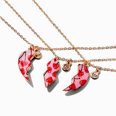 Recognize the bond between you and your two besties with this best friends necklace set. The three-pack shares a heart-shaped pendant that's covered in red cherries. Each necklace is finished with a tiny "BFF" charm. Pack Size: 3Finish: Gold-toneLength: 16 + 3 in. extender / 40.64 + 7.62 cm. extender Closure: Lobster claspMaterial: Metal - Claire's Best Friends Cherry Heart Pendant Necklaces - 3 Pack Bestie Necklace, Two Besties, Best Friends Necklace, Crown Hair Clip, Friends Necklace, Sensitive Ears Earrings, Piercing Kit, Word Bracelet, Best Friend Necklaces