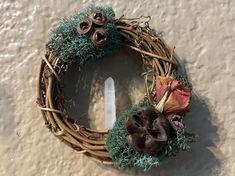 a close up of a wreath on a wall