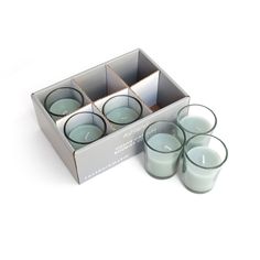 six tealight candles in a box on a white background