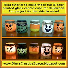 halloween mason jars with pumpkin faces painted on them and the words, how to make these fun & easy painted glass candles for kids to make