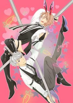 two anime characters holding swords in front of a pink background with hearts and stars on it