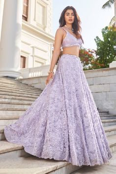 Sangeet Outfits - Purple Net Embroidery Sequin U Neck Floral Bridal Lehenga Set Mauve Lehenga, Sequin Lehenga, Seema Gujral, Purple Lehenga, Chic Prom Dresses, Neo Pop, Sangeet Outfit, Trendy Outfits Indian