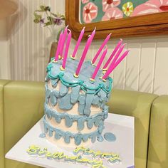 a birthday cake sitting on top of a table in front of a mirror with pink candles sticking out of it