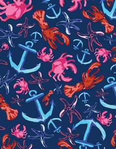 an anchor and crab pattern is shown on a dark blue background with pink, orange, and red colors