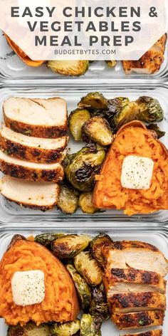 two plastic trays filled with chicken, brussel sprouts and sweet potatoes