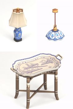 three different pieces of furniture including a table, lamp and tray with an image on it