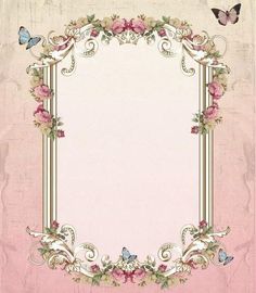 an ornate frame with pink flowers and butterflies on the border, in front of a light pink background