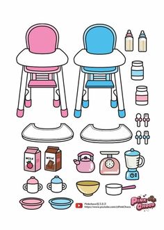 a drawing of a chair, table and other items