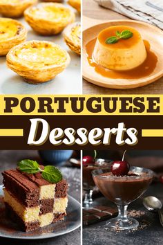 four different desserts with the words portuguese desserts on top and below