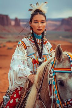 a native american woman riding on the back of a brown horse in an open desert area