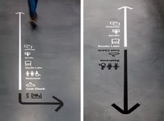 two pictures with arrows pointing in different directions and the same direction as people walking down them