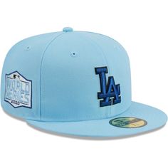 the los angeles dodgers new era 59fifty fitted cap is light blue and features an emblem on the front