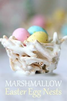 marshmallow easter egg nests on a white surface with the words marshmallow