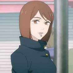 an anime character with brown hair and blue jacket standing in front of a pink building