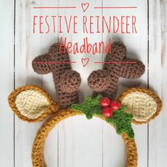 a crocheted reindeer headband with red berries and holly on the nose is featured for festive reindeer headbands