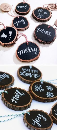 christmas ornaments made out of wood slices with chalkboard sayings on them and twine string