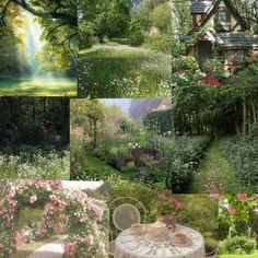 the garden is full of flowers, trees, and other things to see in this collage