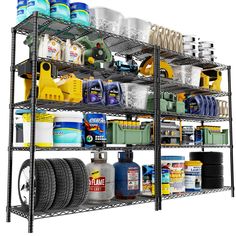 a metal shelf filled with lots of cleaning supplies