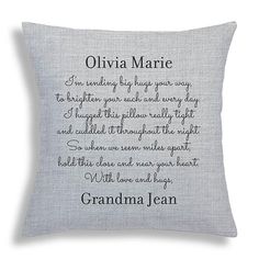 an embroidered pillow with the words grandma jean written in cursive writing on it