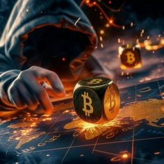 a bitcoin dice sitting on top of a map surrounded by fire and sparks