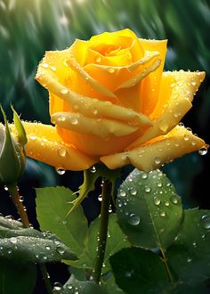 a yellow rose with water droplets on it