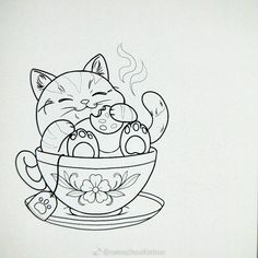 a drawing of a cat sitting in a teacup with its head inside the cup