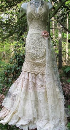 Crochet , lace and tulle maxi length wedding dress Custom made to your measurements Mermaid Boho Wedding Dress, Wedding Dress Cream, Crochet Wedding Dresses, Vintage Boho Dress, Lace Dress Boho, Boho Mode, Trendy Wedding Dresses, Lace Wedding Dress Vintage, Mode Boho