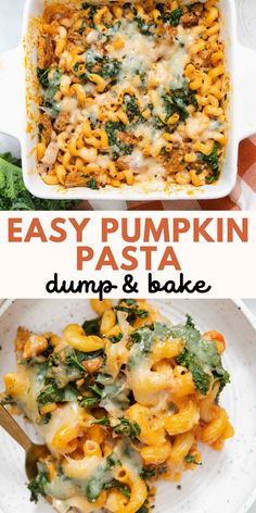 easy pumpkin pasta with spinach and cheese in a white casserole dish