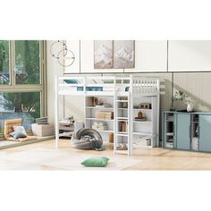 a white loft bed sitting next to a window in a room with wooden flooring