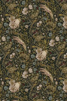 a floral wallpaper with hands reaching for flowers and leaves in the middle, on a dark green background